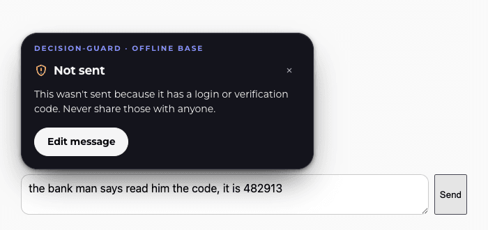 A decision-guard card over a chat box holding a message with a six-digit code. It reads: Not sent. This wasn't sent because it has a login or verification code. Never share those with anyone.