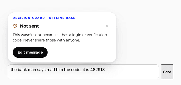 A decision-guard card over a chat box holding a message with a six-digit code. It reads: Not sent. This wasn't sent because it has a login or verification code. Never share those with anyone.